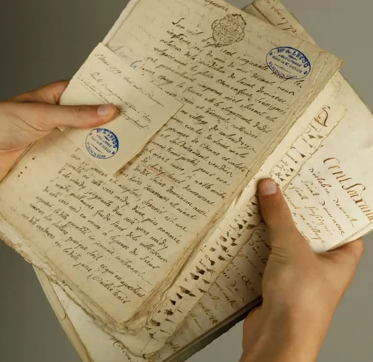 Actes notariés manuscrits du XVIIIe siècle tenus en main